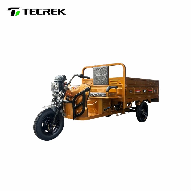 Enclosed cargo electric tricycle with driver cabin and rear cargo bed, designed for goods transportation, durable three-wheel electric vehicle for wholesale markets