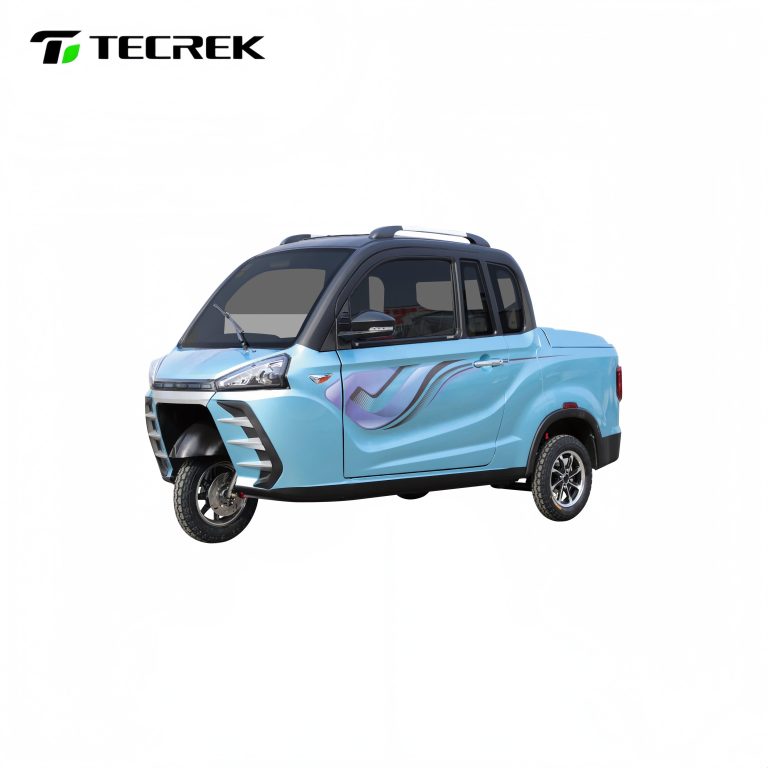Blue C502 electric tricycle with two doors and two seats, 72V1500W motor, 450kg load capacity, front disc and rear drum brakes, designed for cargo transport and wholesale distribution.