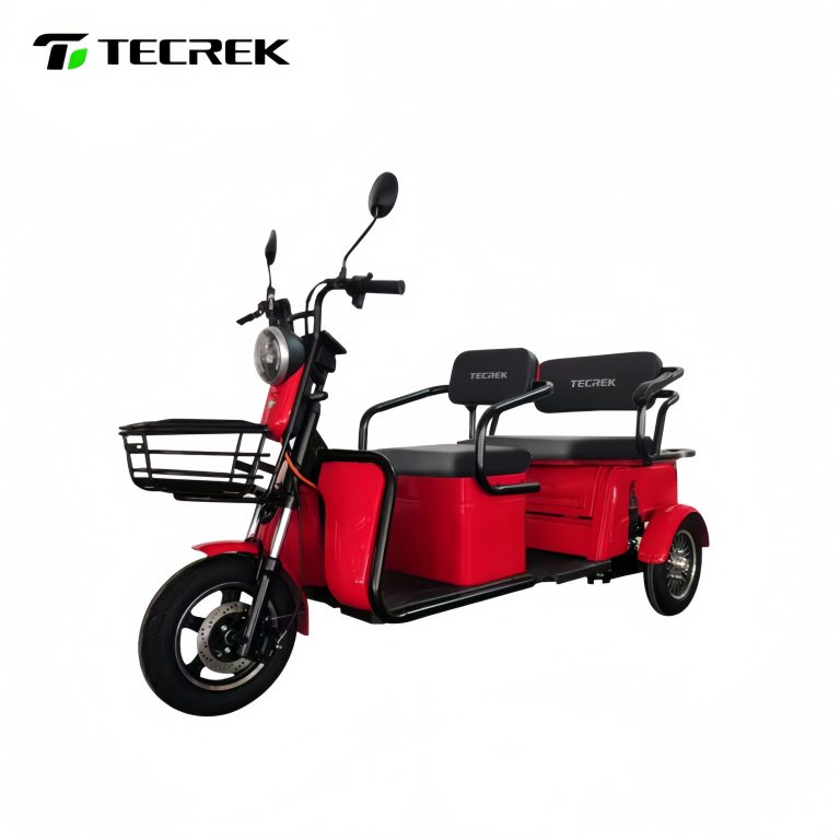Red electric tricycle for passengers with dual seats, 60V1000W motor, hydraulic shock absorber, disc and drum brakes, and lead-acid battery, ideal for urban and rural passenger transport.